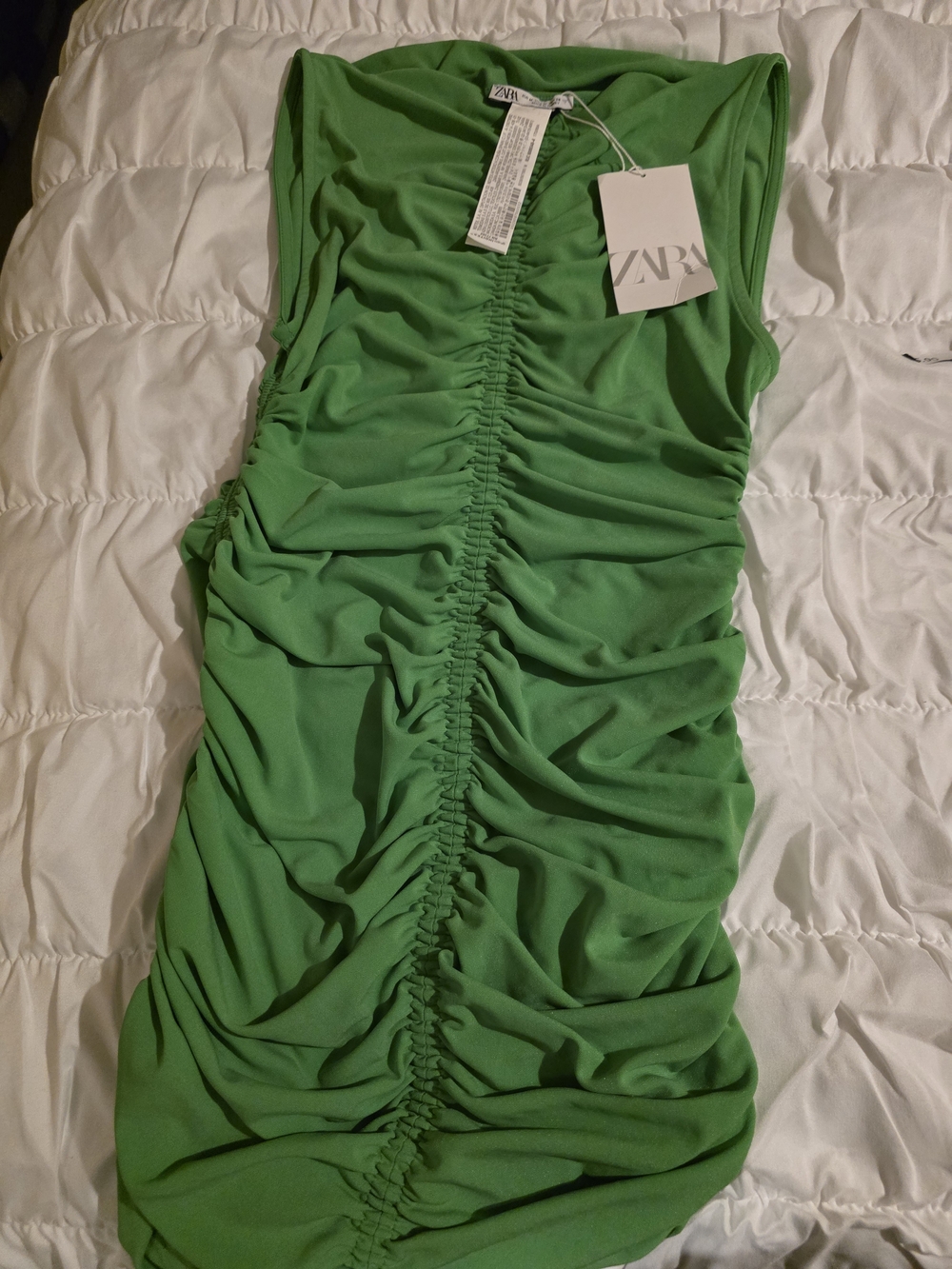 ZARA Bright Green Ruched Sleeveless Mini Dress - Picture 2 of 5